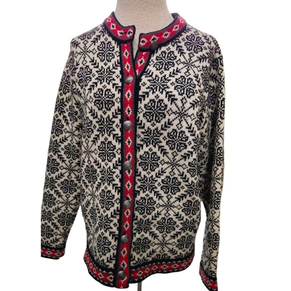 Vintage L.L. Bean Wool Cardigan Sweater Size L  Nordic Fair Isle Snowflake Print - Picture 1 of 10